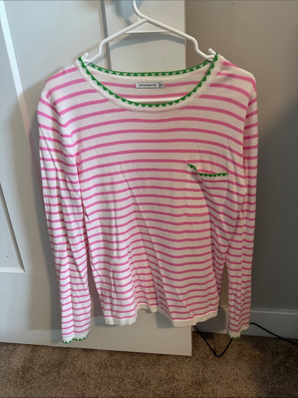Staccato Pink and White Striped Long-Sleeve Tee with Green Trim